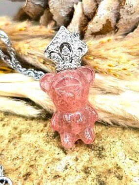 Natural Strawberry Quartz Bear With Crown Pendant Necklace